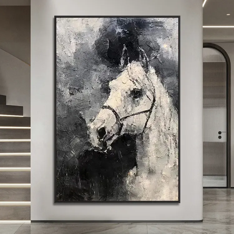 Arte de parede acrílica para decoração de escritório, desenho abstrato grande feito à mão com textura de cavalo e animal branco