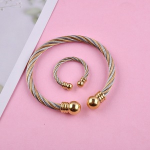 Tính Khí Thép Không Gỉ Vàng Hạt Ba Tông C Hình Sọc Bện Dây Điều Chỉnh Vòng Bangle - Product Image 3