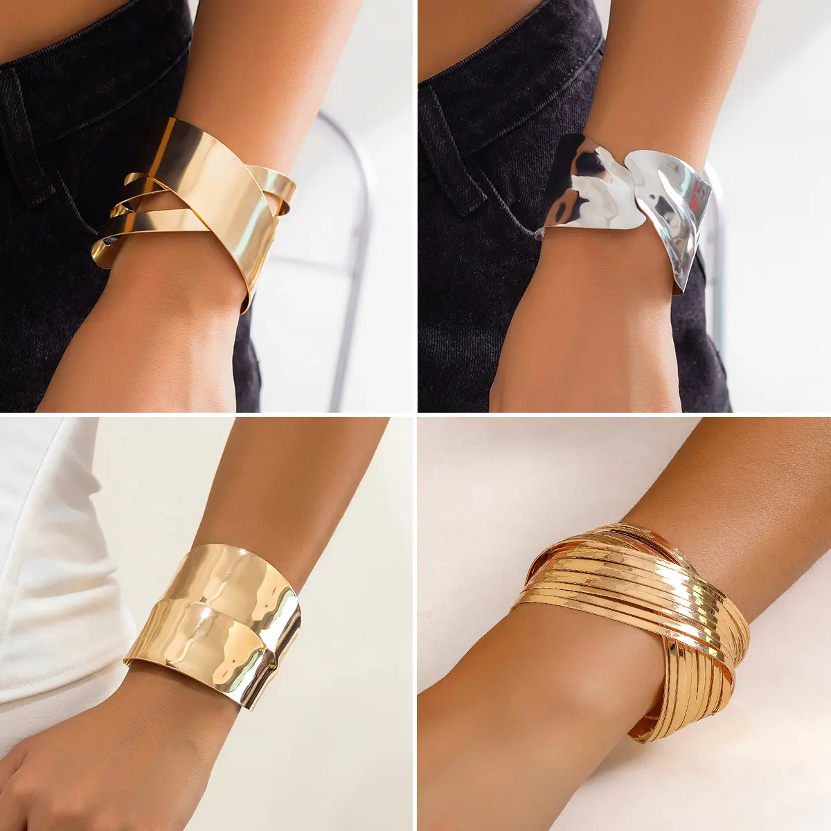 Übertriebene Punk vergoldete hohle geometrische offene Armreif breite Manschette Armbänder für Frauen Metall Hand Armband Schmuck