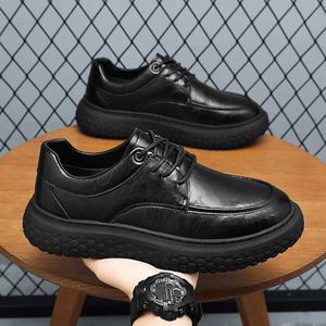 Chaussures en cuir PU pour hommes avec semelles épaisses, style décontracté, talon bas, design à lacets, rehaussées, couleur noire, mocassins - Product Image 2