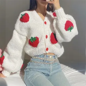 2023 Chunky Handmade Oversize Knitted Sweater Cropped Cardigan Women Sweater 3D Hand Knit Strawberry Plus Size Lady Top