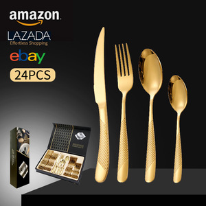 Stainless Steel Cutlery Set Gold Plated Diamond Pattern Western Tableware Steak Knife Fork Spoon <b>Gift</b> <b>Box</b> - Product Image 4