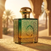 Flacon de parfum luxueux en verre vert mat carré 50ml/100ml avec motif arabesque doré, bouchon décoratif et pulvérisateur à pompe, style moyen-oriental