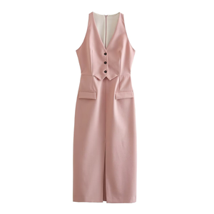 2025 printemps <span class=keywords><strong>janvier</strong></span> nouveau gilet robe longue col <span class=keywords><strong>en</strong></span> v sans manches fente conception robe mi-longue 2309378 - Product Image 1