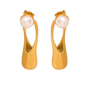 Hypoallergenic Jewelry Personalized Long Hollow 18K Gold Plated Stainless Steel Natural Preshwater Pearls Earring YF3467