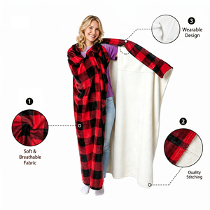 Couverture portable personnalisée en flanelle 280 GSM, 50x60 pouces, motif écossais rouge et noir, poncho-couverture en polaire doublée sherpa, châle chaud pour regarder la télévision - Product Image 5