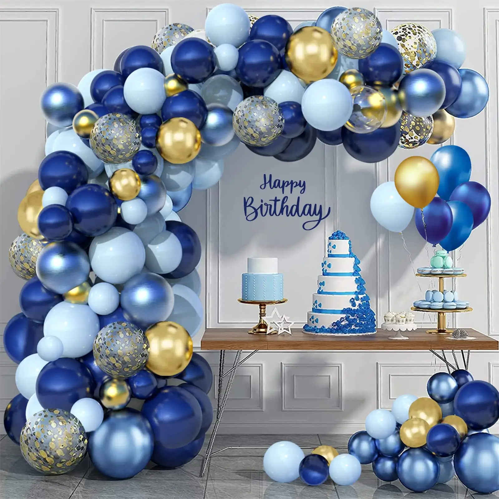 Diskon besar Kit lengkungan balon biru laut ulang tahun dengan balon konfeti emas krom putih untuk dekorasi pesta karangan bunga balon Blues