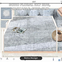 Niedrigfloriger Indoor-Teppich mit Blumenmuster im Boho-Stil, Vintage 5x7, Hellgrau/Mehrfarbig, Rutschfester Großflächenteppich für Zuhause, Polyester, Wohnzimmer, Maschinell gefertigt
