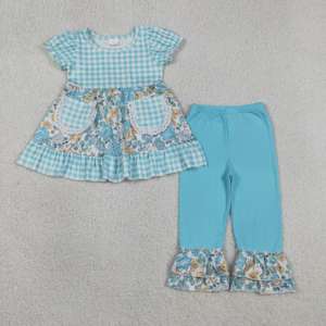 GSPO2282 rts Little Active Girl, tenue pour fille à imprimé fleurs bleues, ensemble sans manches pour enfants, vente en gros, ensemble pour fille - Product Image 2
