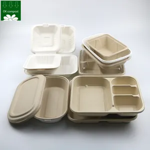 定制可生物降解甘蔗渣纸浆塔式隔间食品盘托盘餐盒容器包装带部分