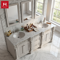 Meuble-lavabo double vasque en bois massif européen Happy Houses, armoire sculptée, colonnes cannelées, plateau en marbre blanc pour villa