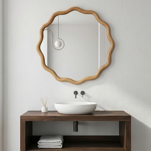<b>Oak</b> Color 24 Inch Wavy <b>Round</b> Solid Wood Frame Decorative <b>Mirror</b> For Bedroom Bathroom Living Room Entryway - Product Image 1