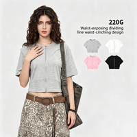 T-shirt court zippé tendance pour femme, 220g, en coton stretch, coupe ajustée, style universitaire, manches courtes, polyvalent, streetwear