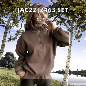 Ensemble de vêtements longs décontractés pour femmes tendance de haute qualité, couleur unie, sweat-shirt à capuche à col montant et demi-zip sur le devant - Product Image 2