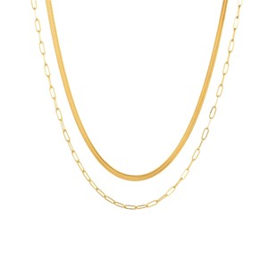 18K PVD Gold Plated Stainless Steel Double Layer Snake Bone and Paperclip <b>Chain</b> Necklace | Fashion Jewelry for Women - Product Image 4