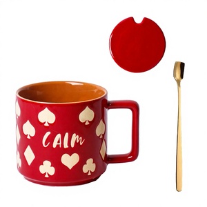 Wholesale Unique Embossed Designed Printing 15oz Black <b>Red</b> Ceramic Coffee Mug Lid Spoon Back School Hot/Cold <b>Microwave</b> - Product Image 3