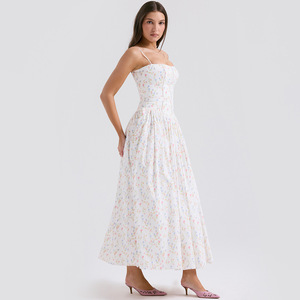 <span class=keywords><strong>Ropa</strong></span> informal de moda para mujer Vestido de flores blancas Vestidos florales ajustados sexy de una línea - Product Image 1