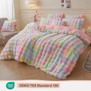 Ensemble de housse de couette en fausse fourrure de lapin moelleux ensemble de literie à bulles Shaggy confortable arc-en-ciel 1 housse de couette floue + 2 taies d'oreiller - Product Image 3