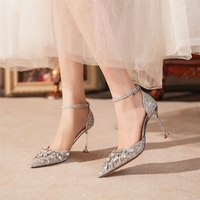 Pumps en or rose à paillettes en gros d'usine - Chaussures pour femmes à talons aiguilles décorées de strass, avec bride à la cheville, pour soirée et fête