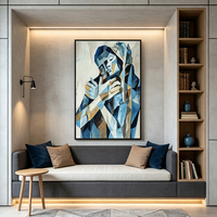 Tableau mural minimaliste village côtier bleu canard impasto fait main déco maison hôtel villa