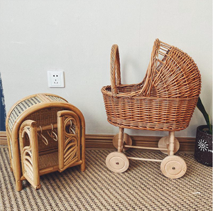 Carrito Vintage para muñecas, casa para niños, carrito de juego, carrito de almacenamiento de madera, tejido de ratán y sauce - Product Image 2