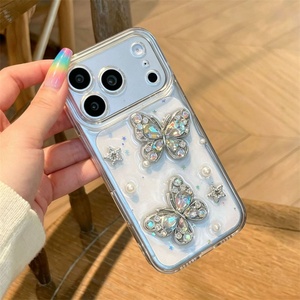 Coque de téléphone transparente antichoc avec cadre diamanté, motifs fleurs et papillons, paillettes époxy, pour iPhone 17 16 15 Pro Max - Product Image 3