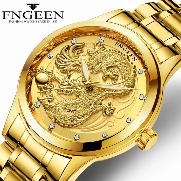 FNGEEN S666 модные роскошные часы со стальным ремешком, мужские креативные кварцевые часы с драконом, повседневные мужские спортивные деловые наручные часы для мужчин