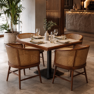 Ensemble complet de mobilier éco-responsable pour restaurants et cafés, avec tables et chaises en bois et métal, sièges banquette et comptoir de bar - Product Image 5
