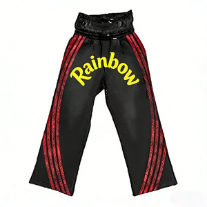 레인보우 스프레이 OEM 스트리트웨어 제조업체 더블 웨이스트 디자인 남성 하이 스트리트 스웨트팬츠 사이드 스트라이프 스크린 프린트 팬츠 - Product Image 1