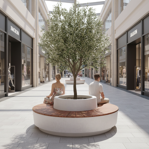 Banc de jardinage circulaire moderne en GRC sur mesure avec lattes en teck durables pour les espaces de loisirs extérieurs des parcs et des centres commerciaux - Product Image 1