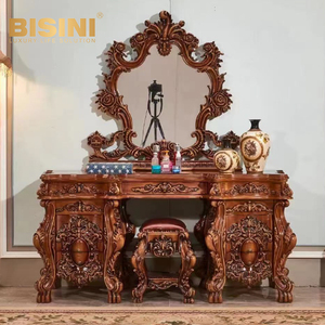 Table de toilette <span class=keywords><strong>en</strong></span> bois de palissandre massif haut de gamme avec miroir ovale sculpté de style classique europé<span class=keywords><strong>en</strong></span> et tabouret assorti - Product Image 1