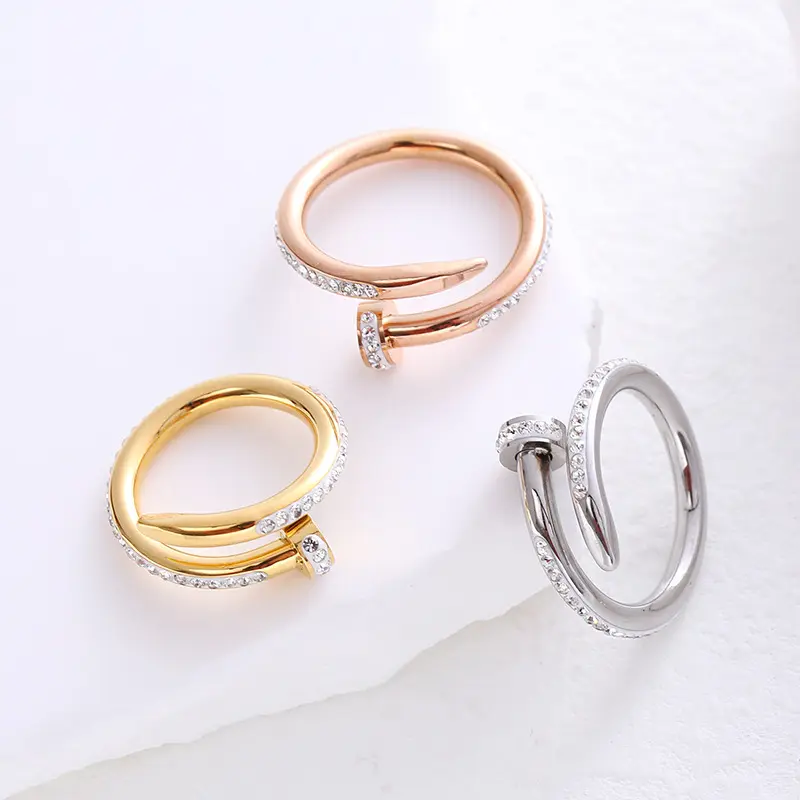 Cincin jari wanita baja tahan karat zirkon, perhiasan cincin lapis emas yang dapat disesuaikan terbuka untuk pria wanita