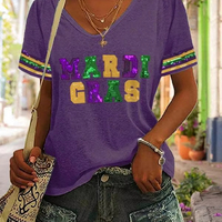 Camiseta de Mardi Gras para mujer Manga corta Fleur De Lis Fat Tuesday New Orleans Carnival Tops Púrpura