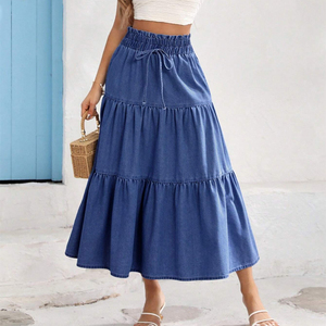 <span class=keywords><strong>Jupe</strong></span> <span class=keywords><strong>longue</strong></span> en jean décontractée vintage, taille élastique, coupe ample à volants, style doux, automne-printemps, <span class=keywords><strong>poches</strong></span> boutonnées, techniques de lavage - Product Image 1