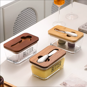 Mantequillera de Vidrio con Tapa de Madera y Cuchillo |   Logotipo Personalizado Disponible |   Contenedor Hermético para Almacenamiento de Mantequilla para Compras al por Mayor en la Cocina - Product Image 2
