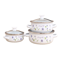 Ensemble de casseroles en émail à motifs floraux personnalisés, 3 pièces, ustensiles de cuisine en métal, commande minimum de 100 pièces pour le camping