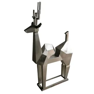 创意抽象金属鹿雕塑不锈钢多边形驯鹿真人大小动物雕像