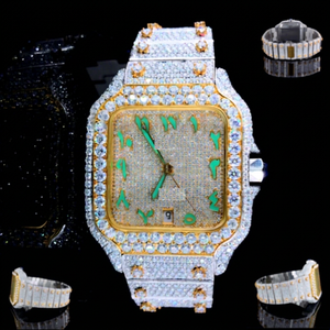 Montre-bracelet carrée ICEBOX en acier inoxydable avec moissanite, cadran analogique en verre vert et accents blancs, bracelet entièrement serti, fermoir, 10 bars - Product Image 1