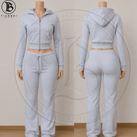 Ensemble 2 pièces personnalisé pour femme, collection automne 2026, style Y2K : sweat à capuche court tressé zippé et pantalon évasé brodé au dos, survêtement pour femme