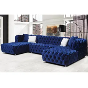 Luxury home furniture European style stationary sofa L shaped velvet tufted big sofa