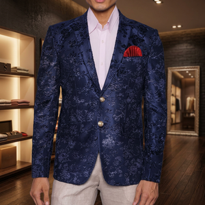 Men's Blue Printed Single Breasted Blazer With Notched Collar And Red Pocket Square Business <b>Suit</b> - Product Image 4