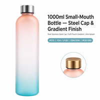 Bouteille d'eau minimaliste pour adultes de 1000 ml, à petite ouverture, en acier inoxydable, avec bouchon argenté, finition dégradée or, toucher doux, sans BPA