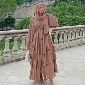 Turkey&Dubai Muslim casual chiffon lace up elegant cake dress ramadan abaya kaftan long sleeve solid color robe Islamic clothing