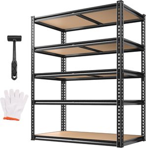 Estantería Ajustable sin Pernos de 4 Niveles, Estante de Almacenamiento de Acero al Carbono con Recubrimiento de Polvo Negro y Estantes de Madera - Product Image 1
