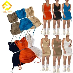 S-2XLโลโก้ที่กําหนดเอง 2024 แฟชั่นฤดูร้อนสุภาพสตรีSuper Elastic Bodycon Stripกระโปรงชุดกระโปรงสีทึบชุดสําหรับสตรี