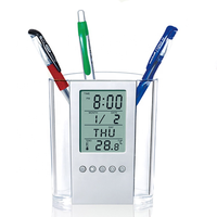 Porte-stylo publicitaire en plastique avec calendrier électronique, horloge et logo publicitaire - Horloge de bureau, calendrier et porte-stylo
