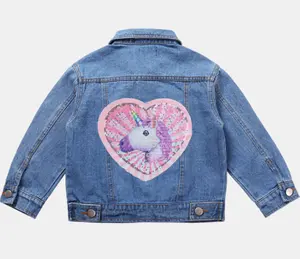 Leisure Blue Denim Katoenen Jas Meisje hartvormige Eenhoorn Kids Sequin Jacket