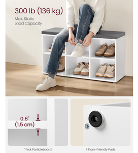 Banco de Entrada Blanco <span class=keywords><strong>para</strong></span> Zapatos con Asiento Acolchado Suave, 6 Compartimentos y 3 Estantes Ajustables <span class=keywords><strong>para</strong></span> Dormitorio, Armario o Sala de Estar - Product Image 4