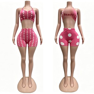 ZHEZHE Nuevo Estilo, Traje <span class=keywords><strong>Casual</strong></span> con Tirantes, Cuello Halter, Espalda Descubierta, Elástico, Estampado de Puntos, por Encima de la Rodilla, para Mujer, Verano - Product Image 1