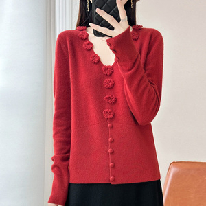 Maglione Cardigan floreale in lana 100% con scollo a V in lana mercerizzata da <span class=keywords><strong>donna</strong></span> - Product Image 1